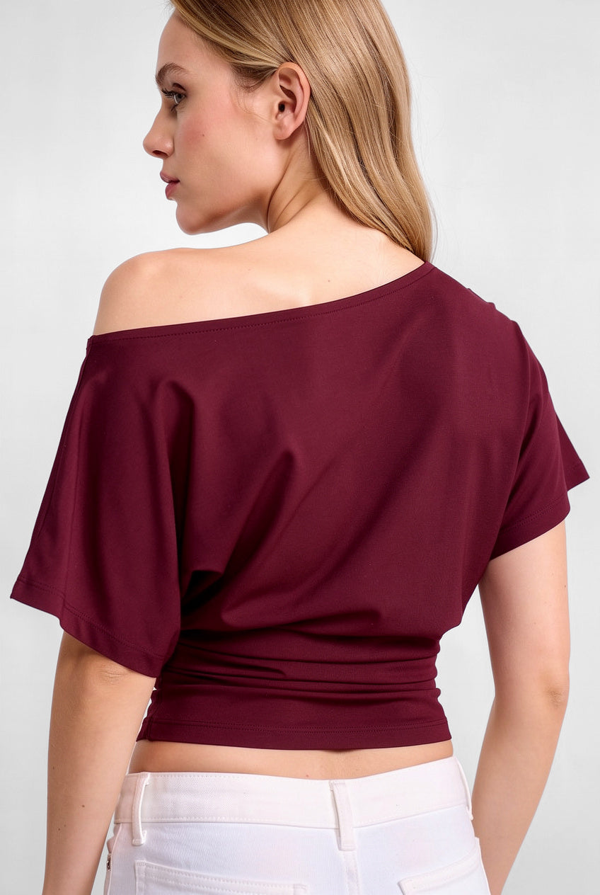 Bordo Ultra Premium Soft Bele Oturan Kayık Yaka Kısa Kol Bluz