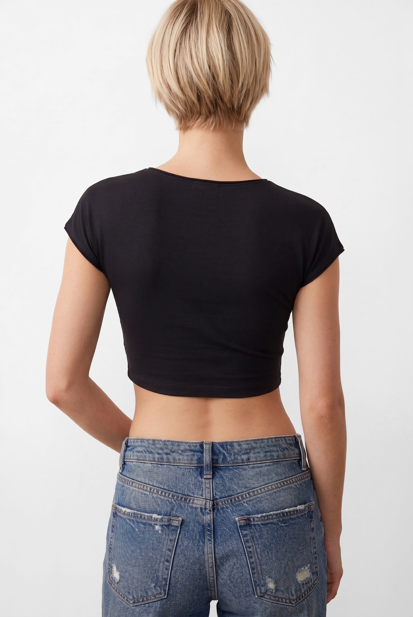 Kadın Siyah Kısa Kollu Crop Tişört Bluz