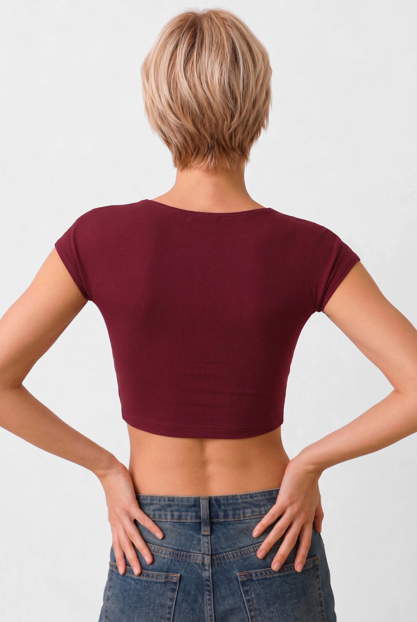 Kadın Bordo Kısa Kollu Crop Tişört Bluz