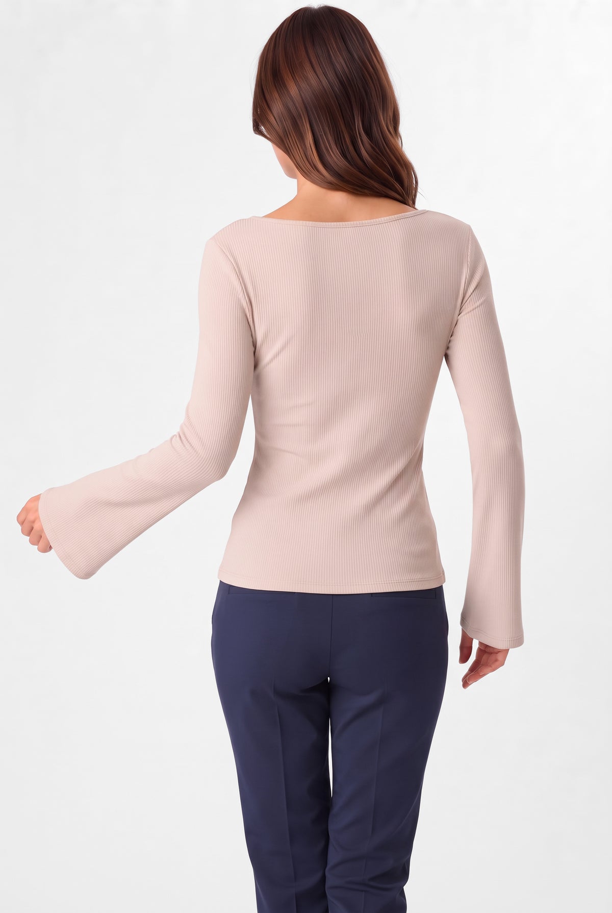 Kadın Krem Kayık Yaka Çan Kollu Fitilli Basic Bluz
