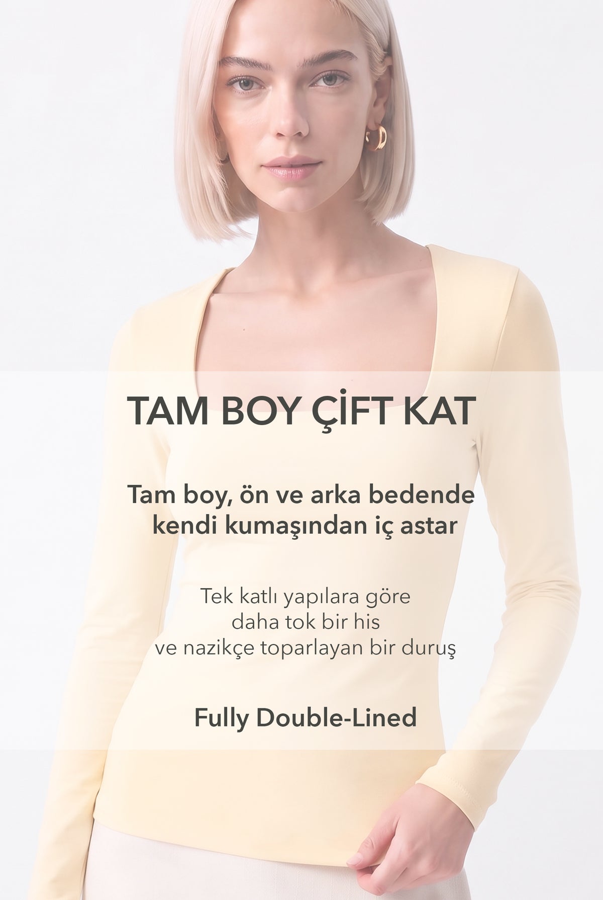 Kadın Kare Yaka Uzun Kollu Çift Kat Modal Pamuk Tereyağı Sarı Bluz