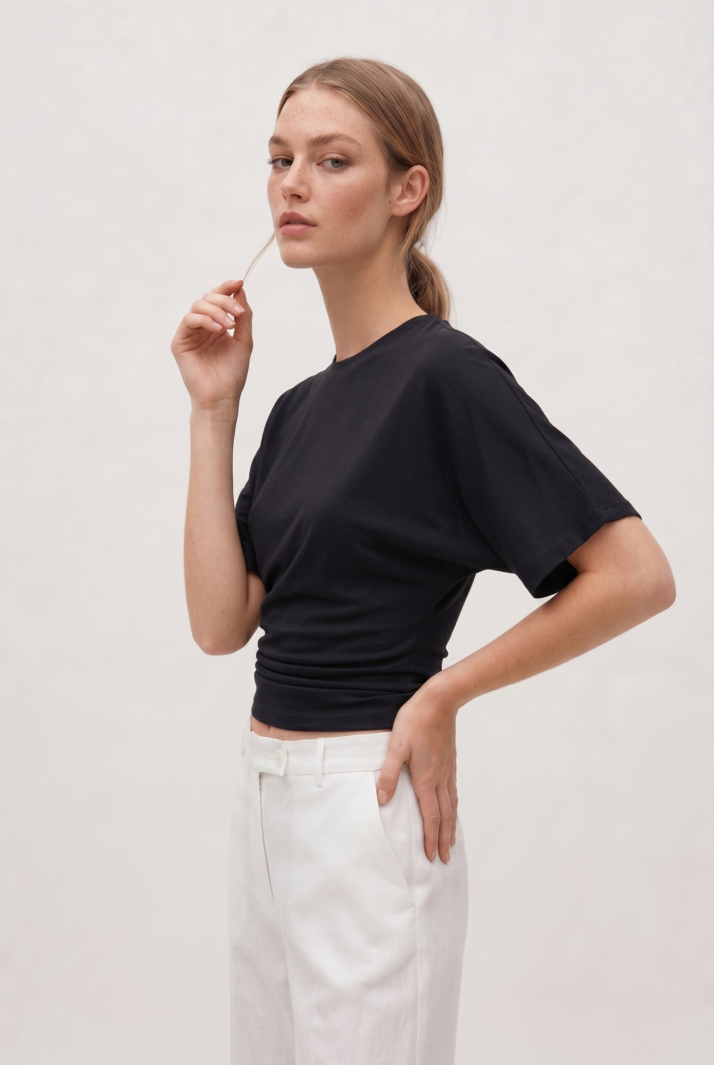 Siyah Ultra Premium Soft Bele Oturan Geniş Kollu Bluz