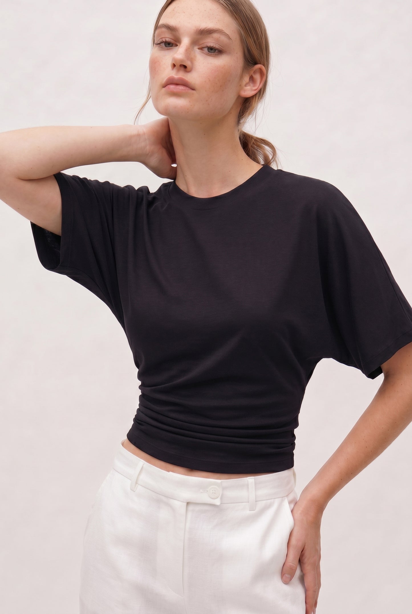 Siyah Ultra Premium Soft Bele Oturan Geniş Kollu Bluz