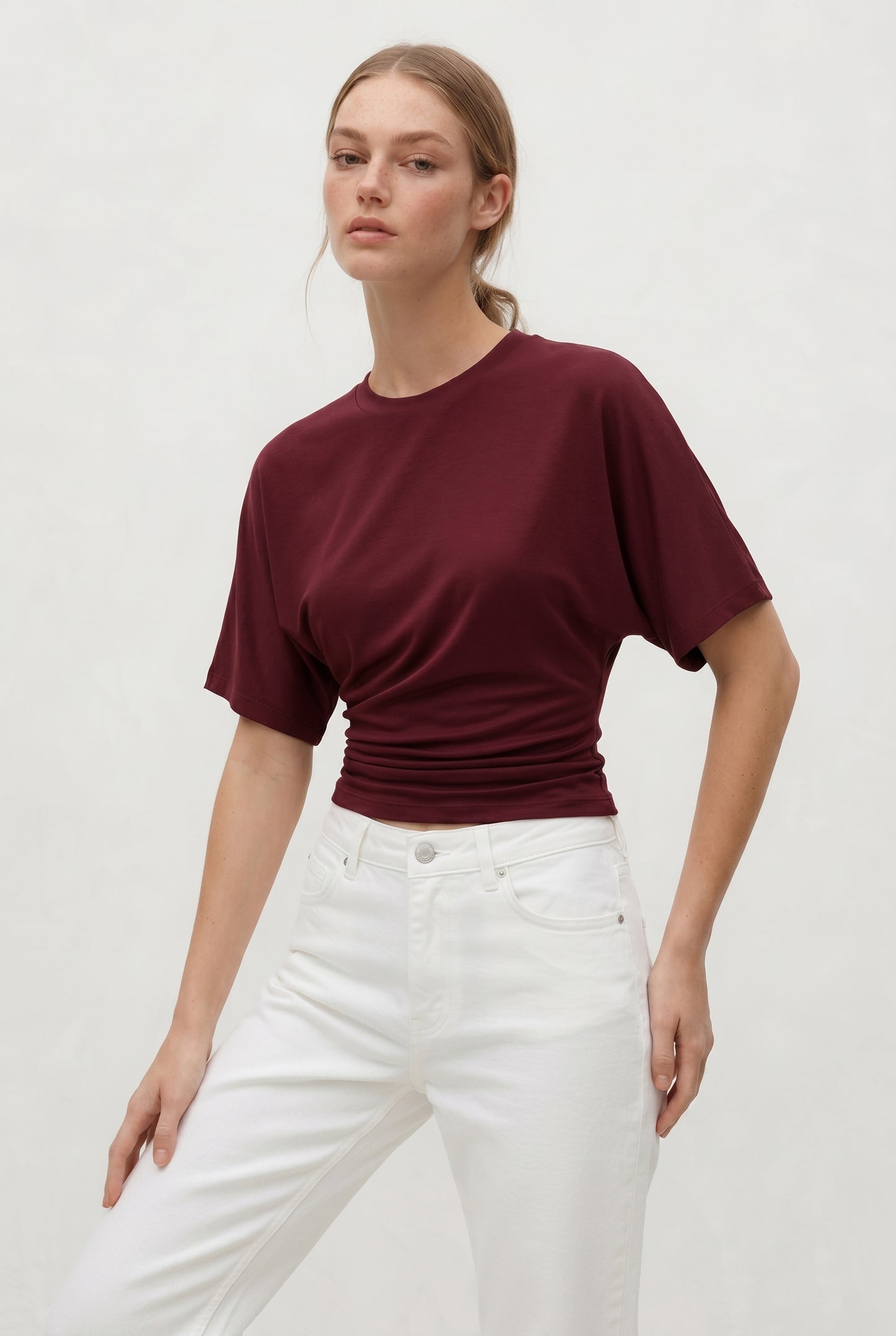 Bordo Ultra Premium Soft Bele Oturan Geniş Kollu Bluz