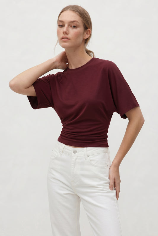 Bordo Ultra Premium Soft Bele Oturan Geniş Kollu Bluz