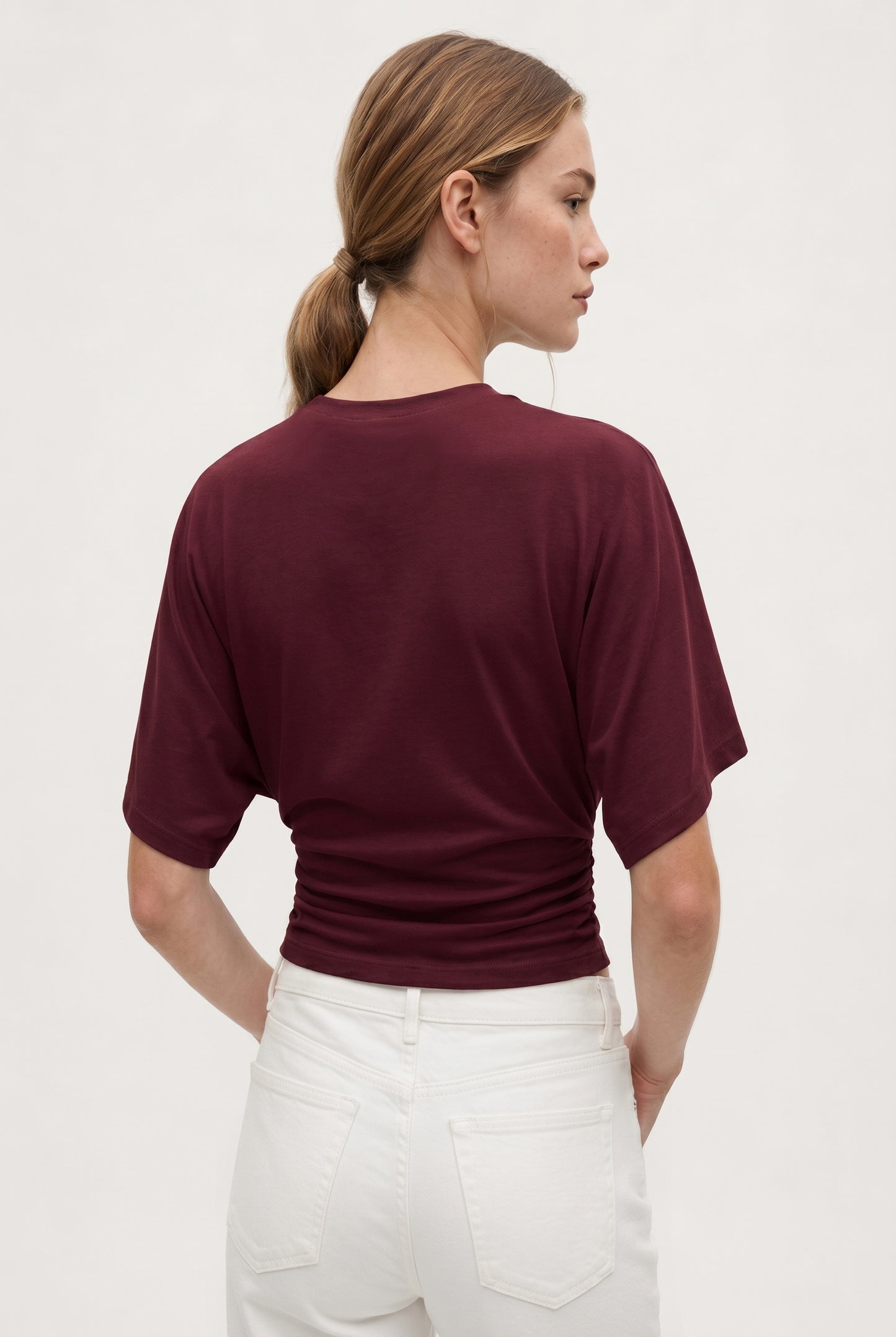 Bordo Ultra Premium Soft Bele Oturan Geniş Kollu Bluz