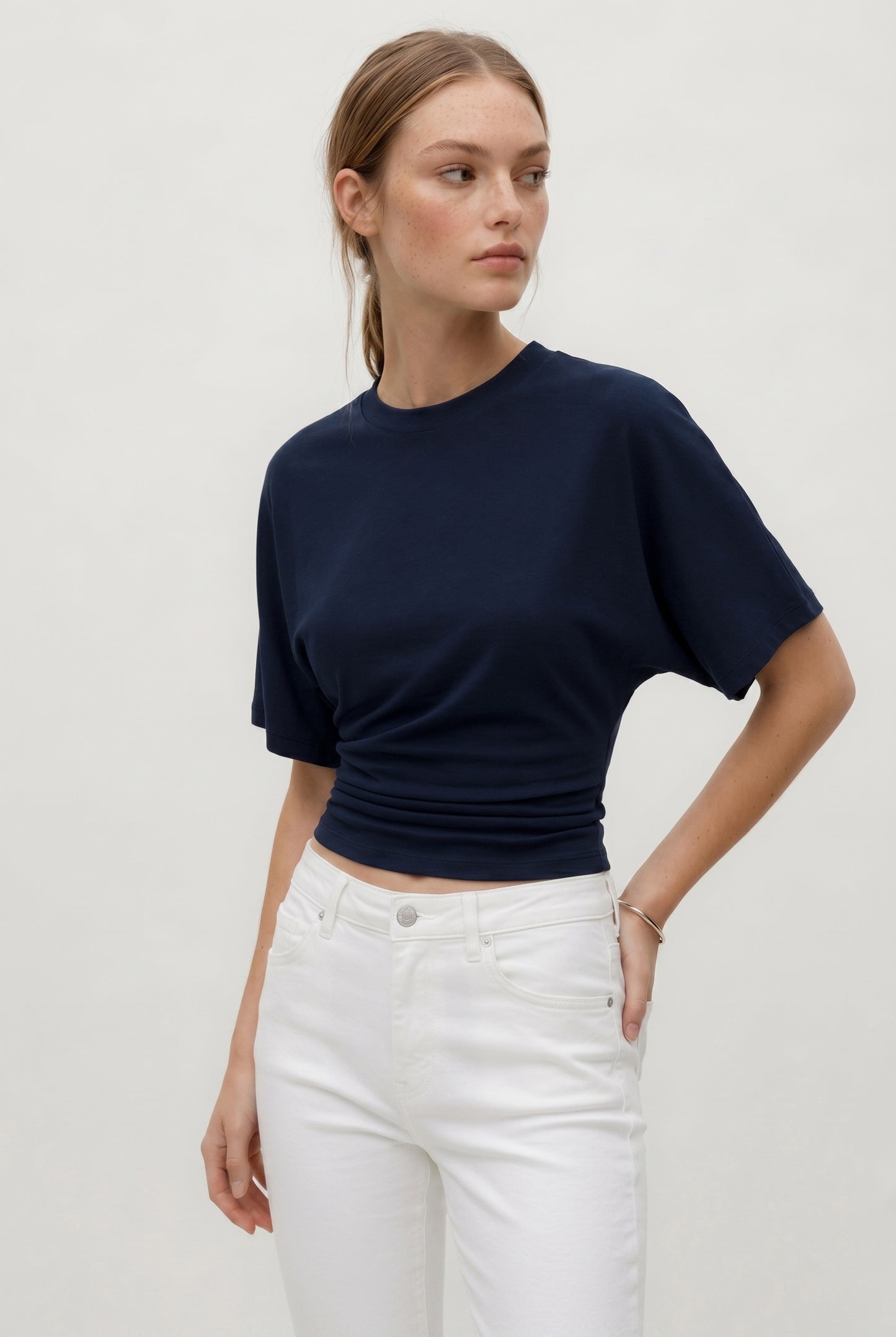 Larcivert Ultra Premium Soft Bele Oturan Geniş Kollu Bluz