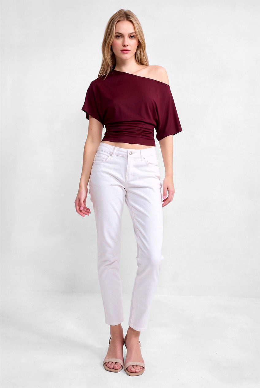 Bordo Ultra Premium Soft Bele Oturan Kayık Yaka Kısa Kol Bluz