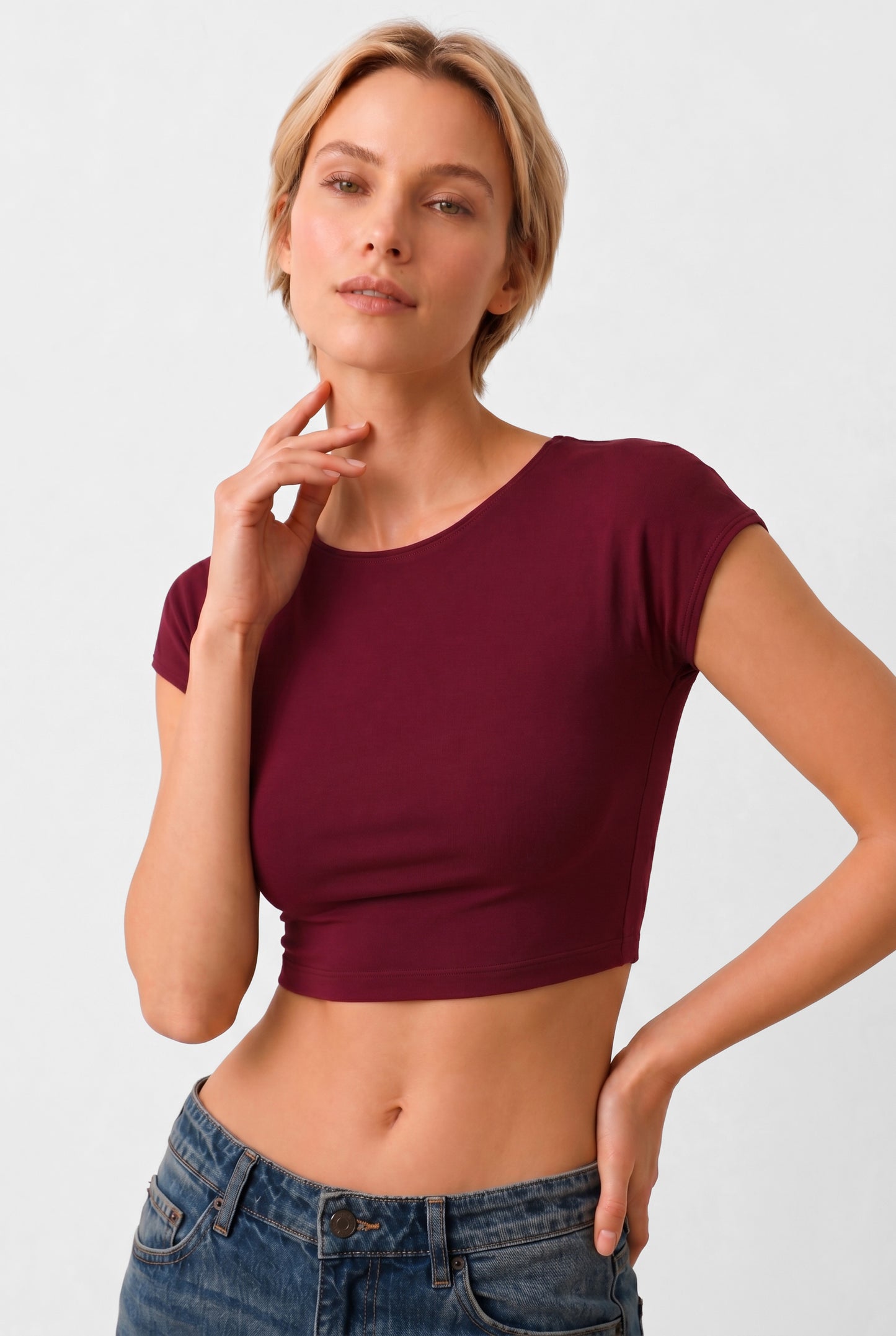 Kadın Bordo Kısa Kollu Crop Tişört Bluz