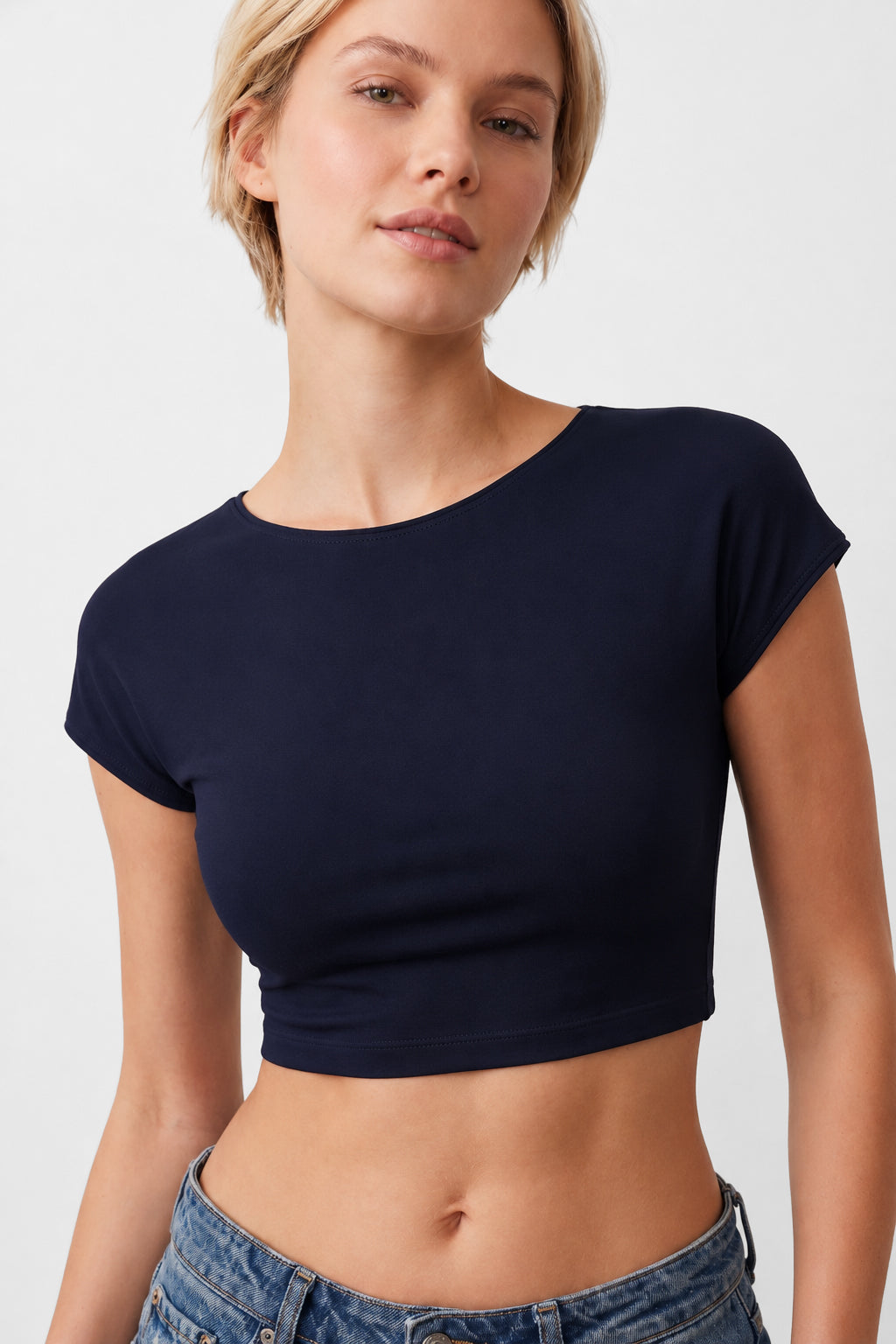 Kadın Lacivert Kısa Kollu Crop Tişört Bluz