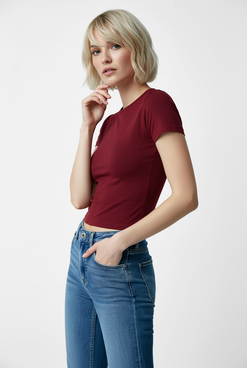 Kadın Bordo Bisiklet Yaka Kısa Kollu Tişört Bluz