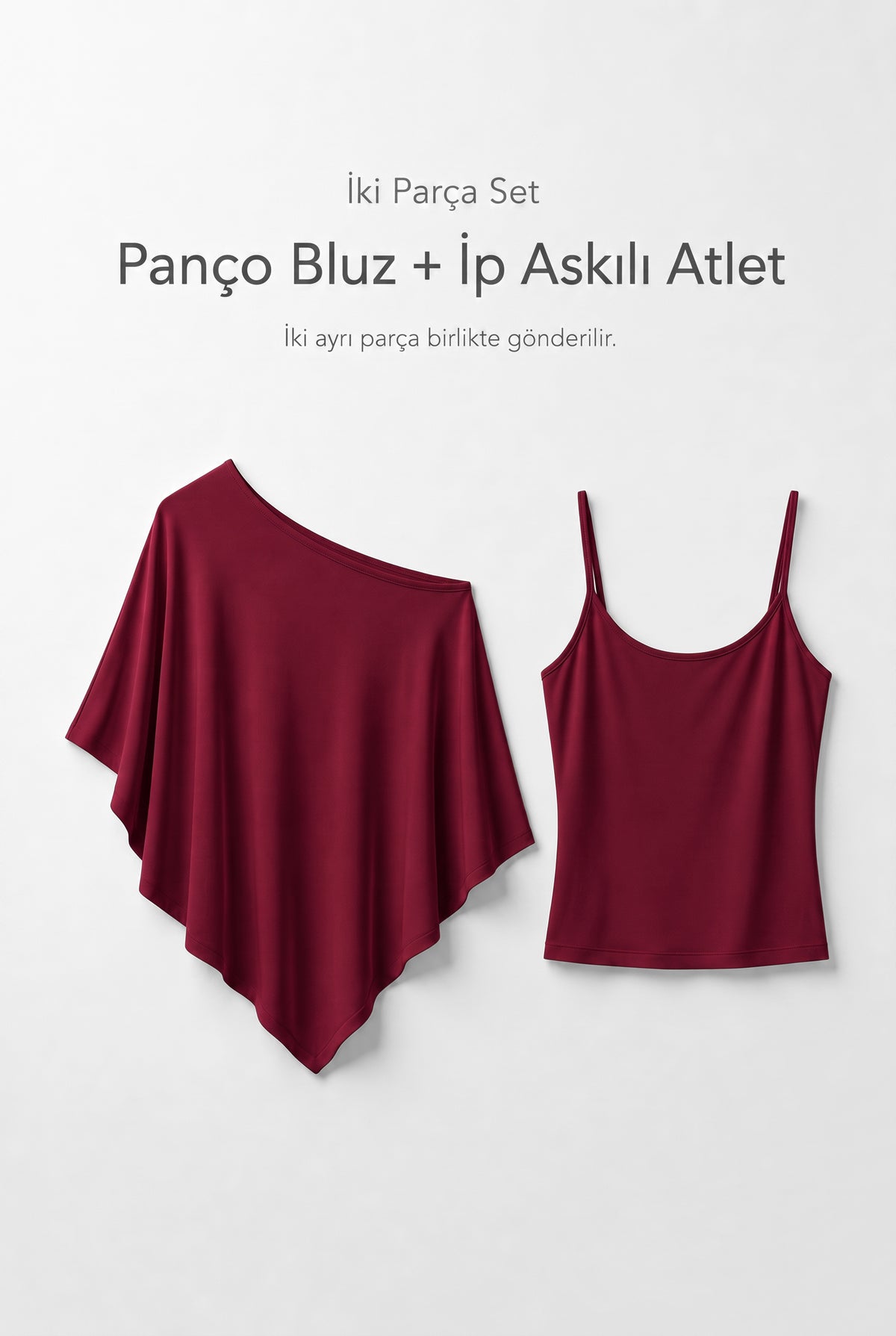 Kadın Bordo Omuz Dekolteli Panço Bluz ve İp Askılı Atlet İkili Takım Modal Pamuk