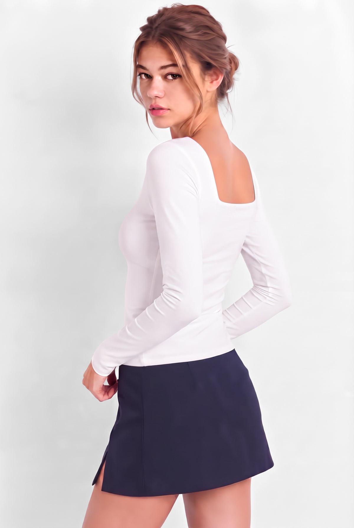 Kadın Beyaz Kare Yaka Uzun Kollu Çift Kat Premium Soft Modal Pamuk Bluz