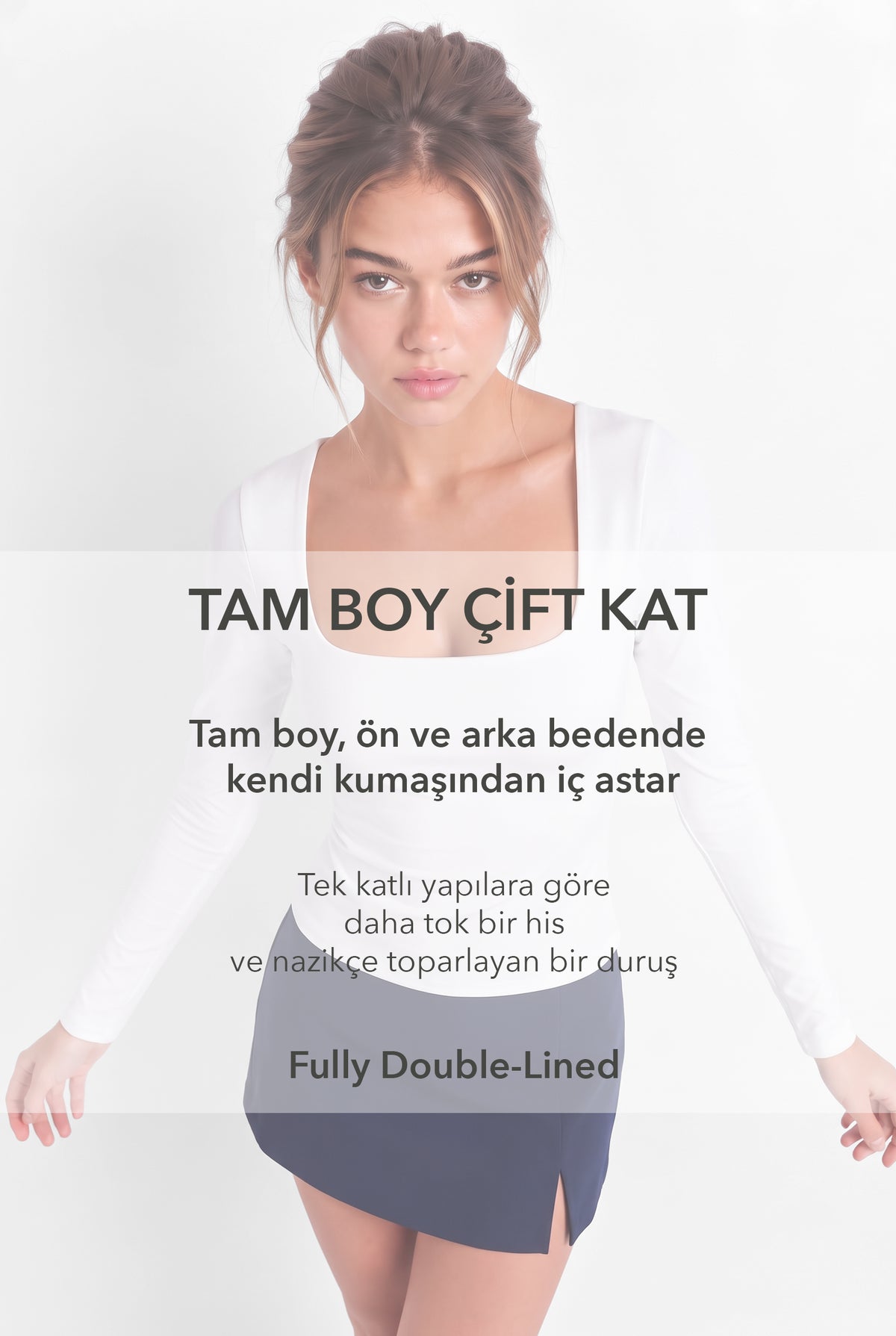 Kadın Beyaz Kare Yaka Uzun Kollu Çift Kat Premium Soft Modal Pamuk Bluz