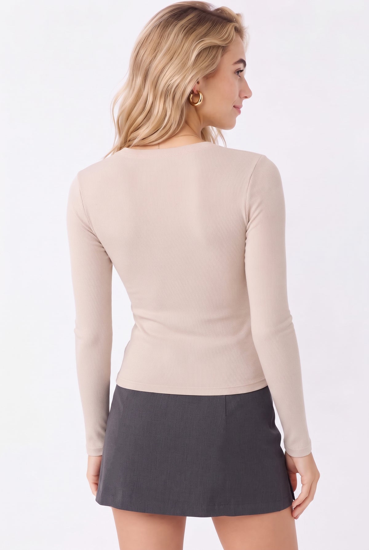 Kadın Krem V Yaka Uzun Kollu %95 Pamuklu Fitilli Basic Bluz