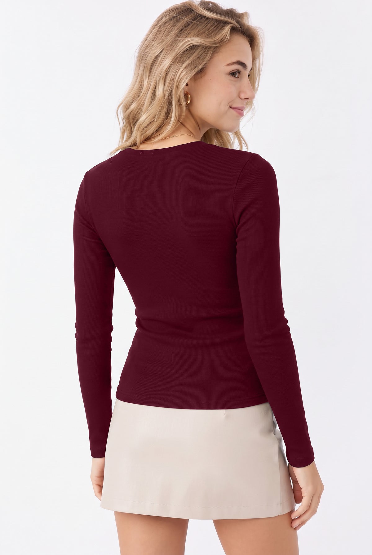 Kadın Bordo V Yaka Uzun Kollu %95 Pamuklu Fitilli Basic Bluz