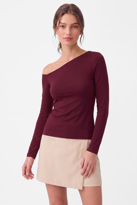 Kadın Bordo Asimetrik Yaka Uzun Kollu Premium Soft Modal Pamuk Bluz