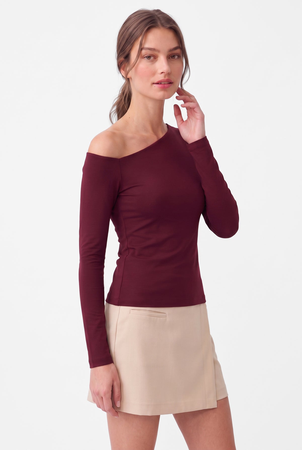 Kadın Bordo Asimetrik Yaka Uzun Kollu Premium Soft Modal Pamuk Bluz