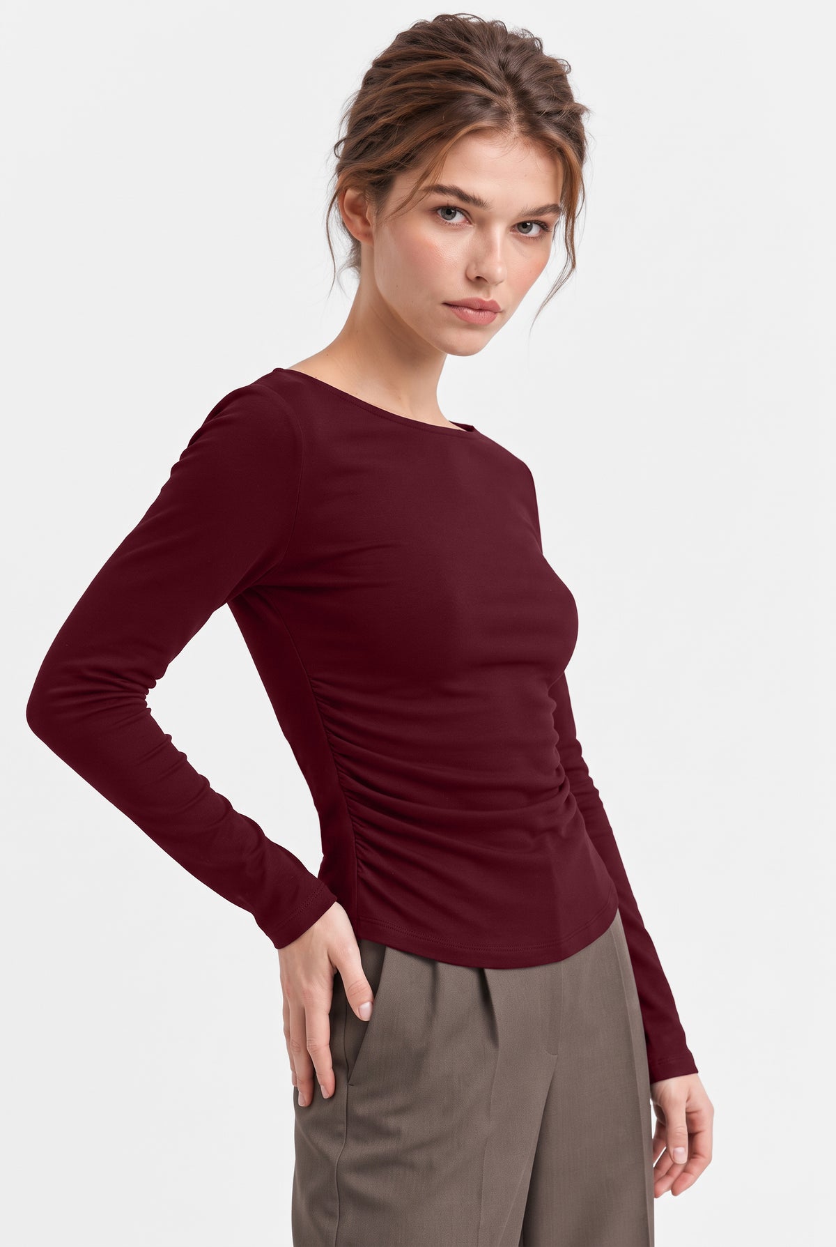 Kadın Bordo Büzgü Detaylı Uzun Kollu Modal Pamuk Basic Bluz