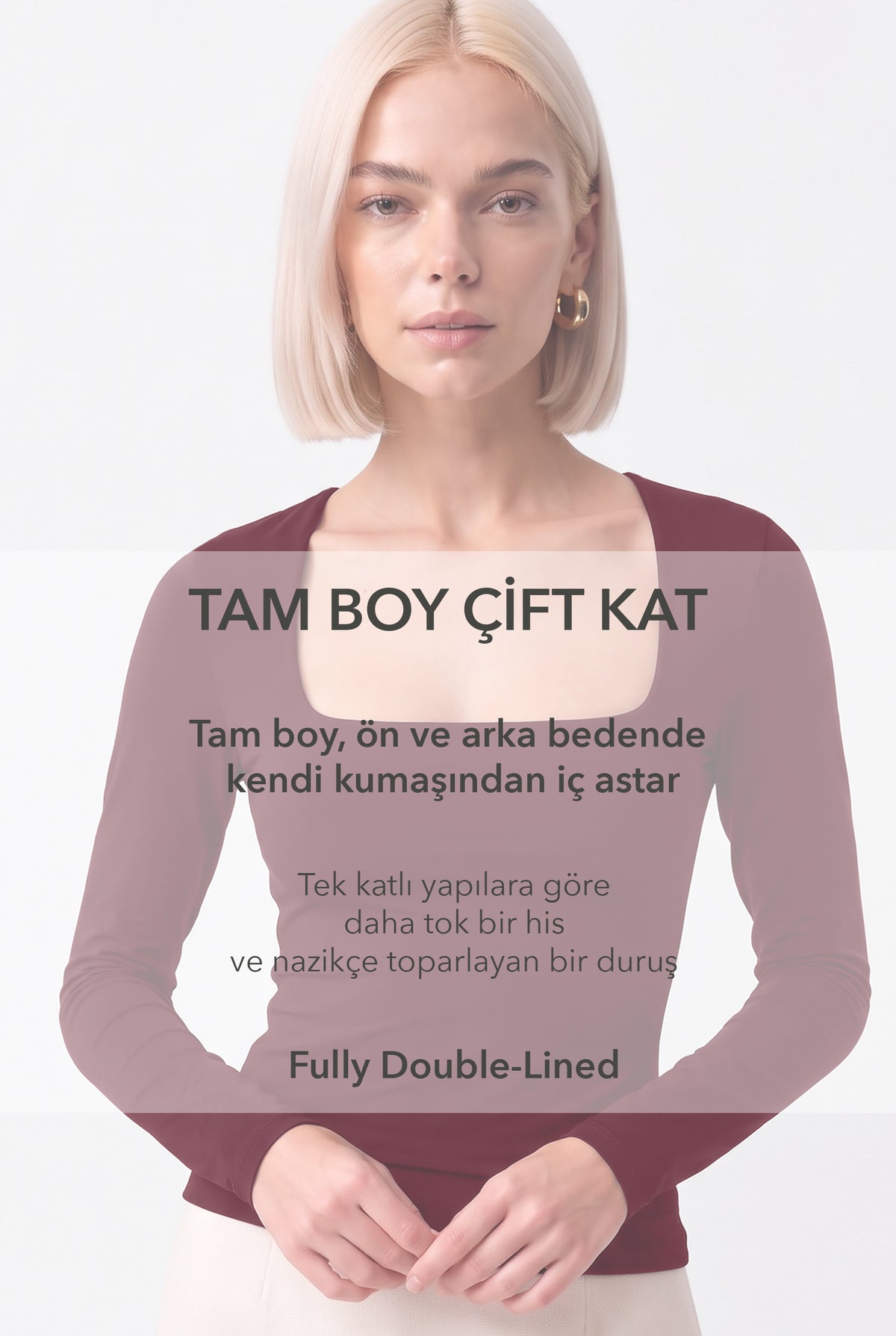Kadın Kare Yaka Uzun Kollu Çift Kat Modal Pamuk Bordo Bluz