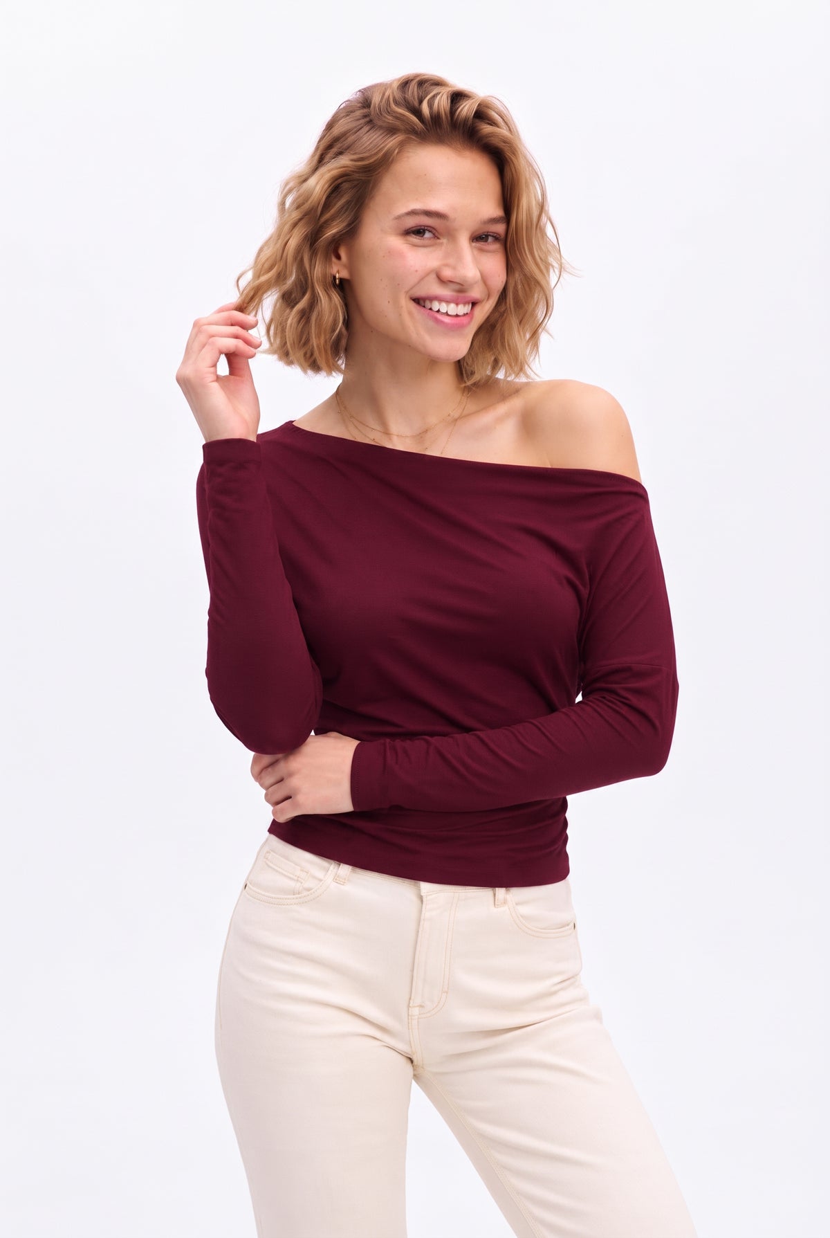 Kadın Bordo Asimetrik Yaka Bele Oturan Uzun Kollu Modal Pamuk Bluz