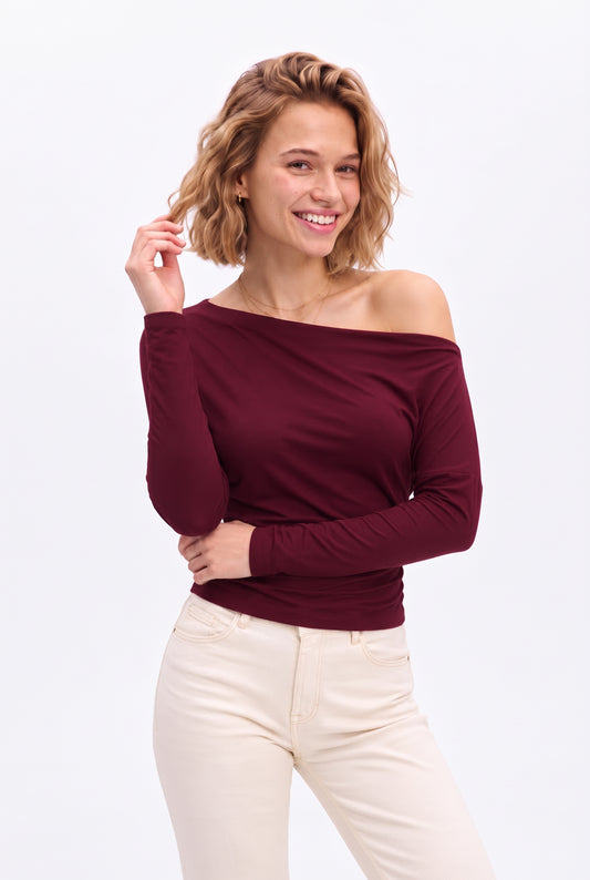 Kadın Bordo Asimetrik Yaka Bele Oturan Uzun Kollu Modal Pamuk Bluz