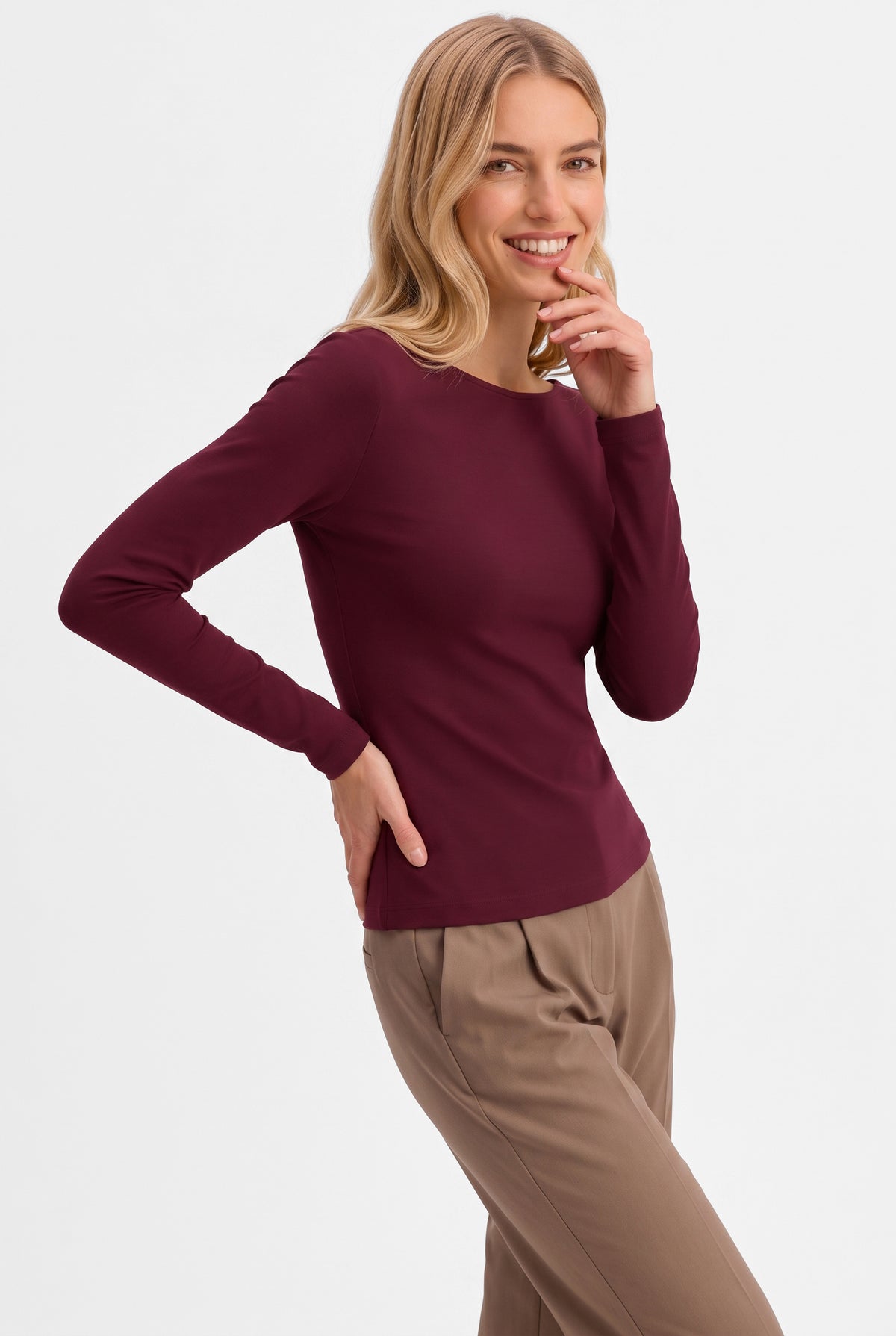 Kadın Bordo Kayık Yaka Uzun Kollu Modal Pamuk Basic Bluz