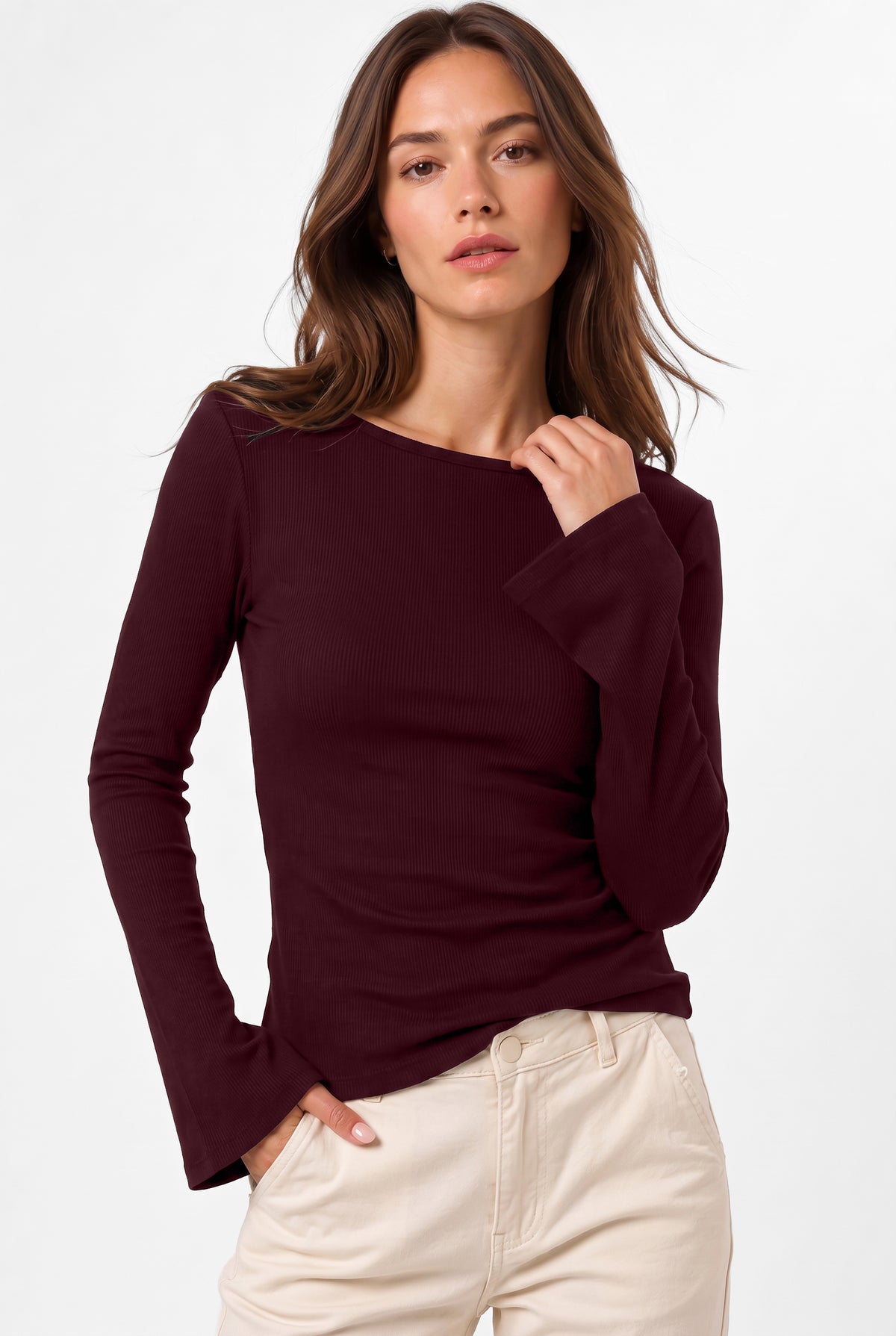 Kadın Bordo Kayık Yaka Çan Kollu Fitilli Basic Bluz