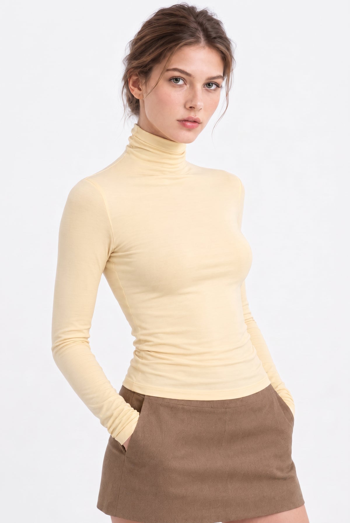 Kadın Tereyağı Sarı Balıkçı Yaka Uzun Kollu Premium Soft Modal Pamuk Bluz