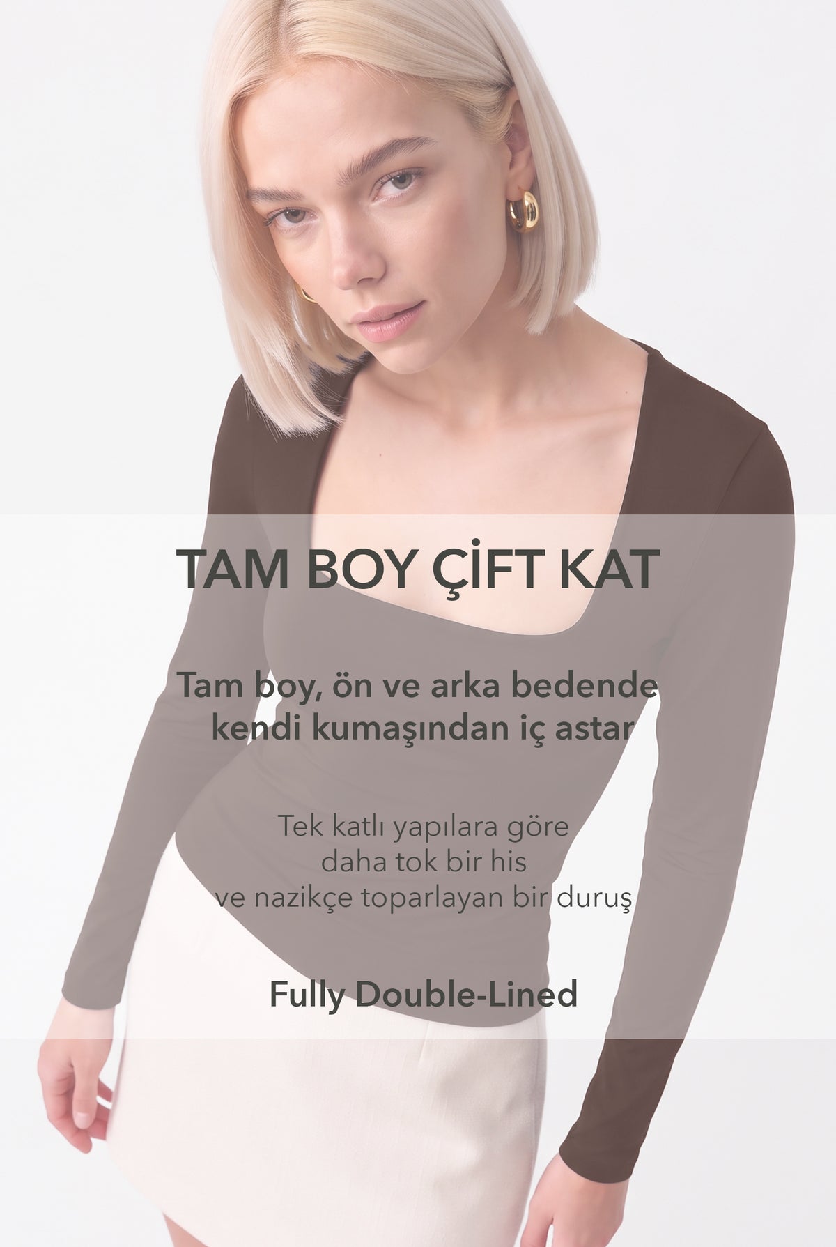 Kadın Kare Yaka Uzun Kollu Çift Kat Modal Pamuk Kahverengi Bluz