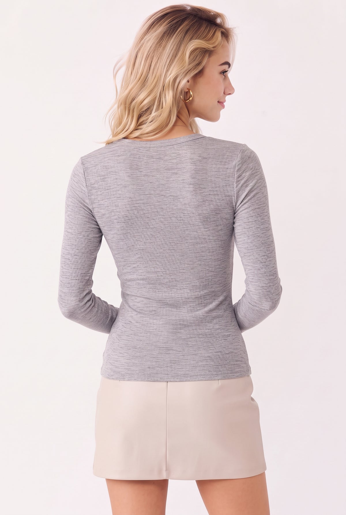 Kadın Gri Melanj V Yaka Uzun Kollu %95 Pamuklu Fitilli Basic Bluz