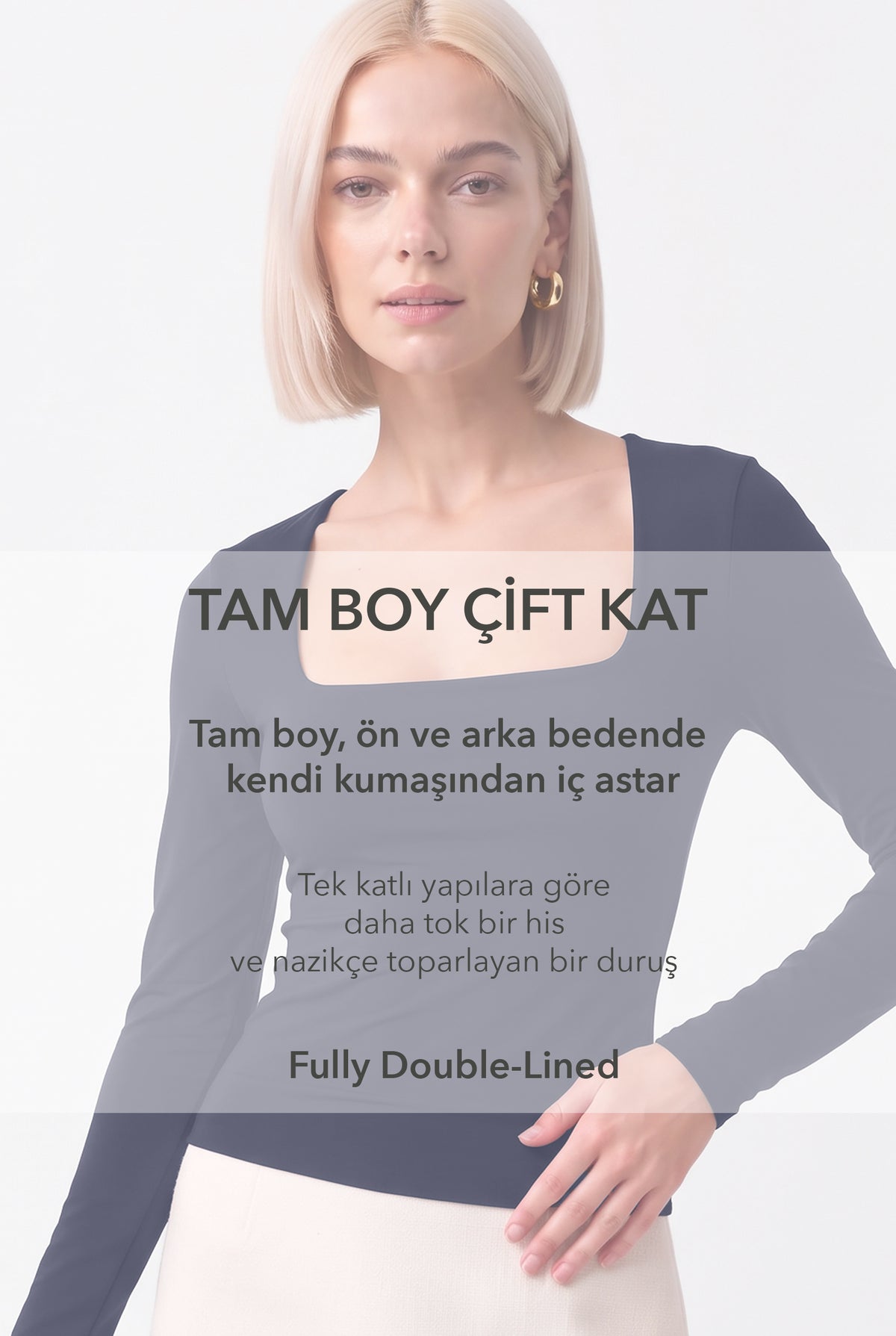 Kadın Kare Yaka Uzun Kollu Çift Kat Modal Pamuk Lacivert Bluz