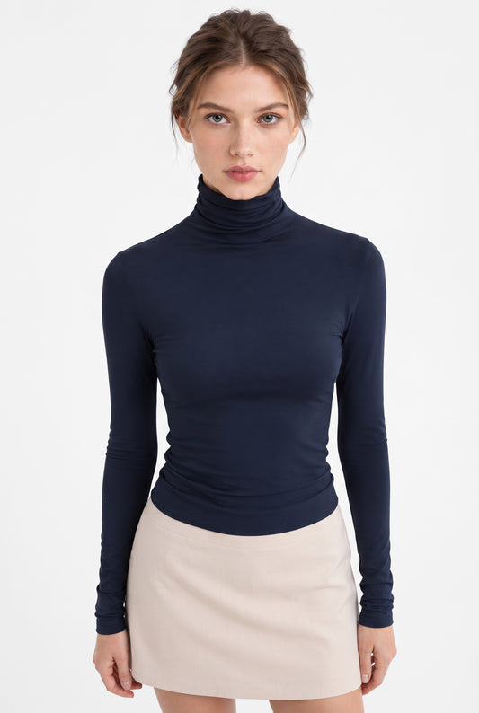 Kadın Lacivert Balıkçı Yaka Uzun Kollu Premium Soft Modal Pamuk Bluz