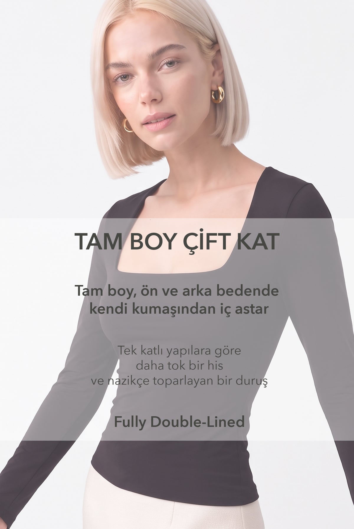 Kadın Kare Yaka Uzun Kollu Çift Kat Modal Pamuk Siyah Bluz