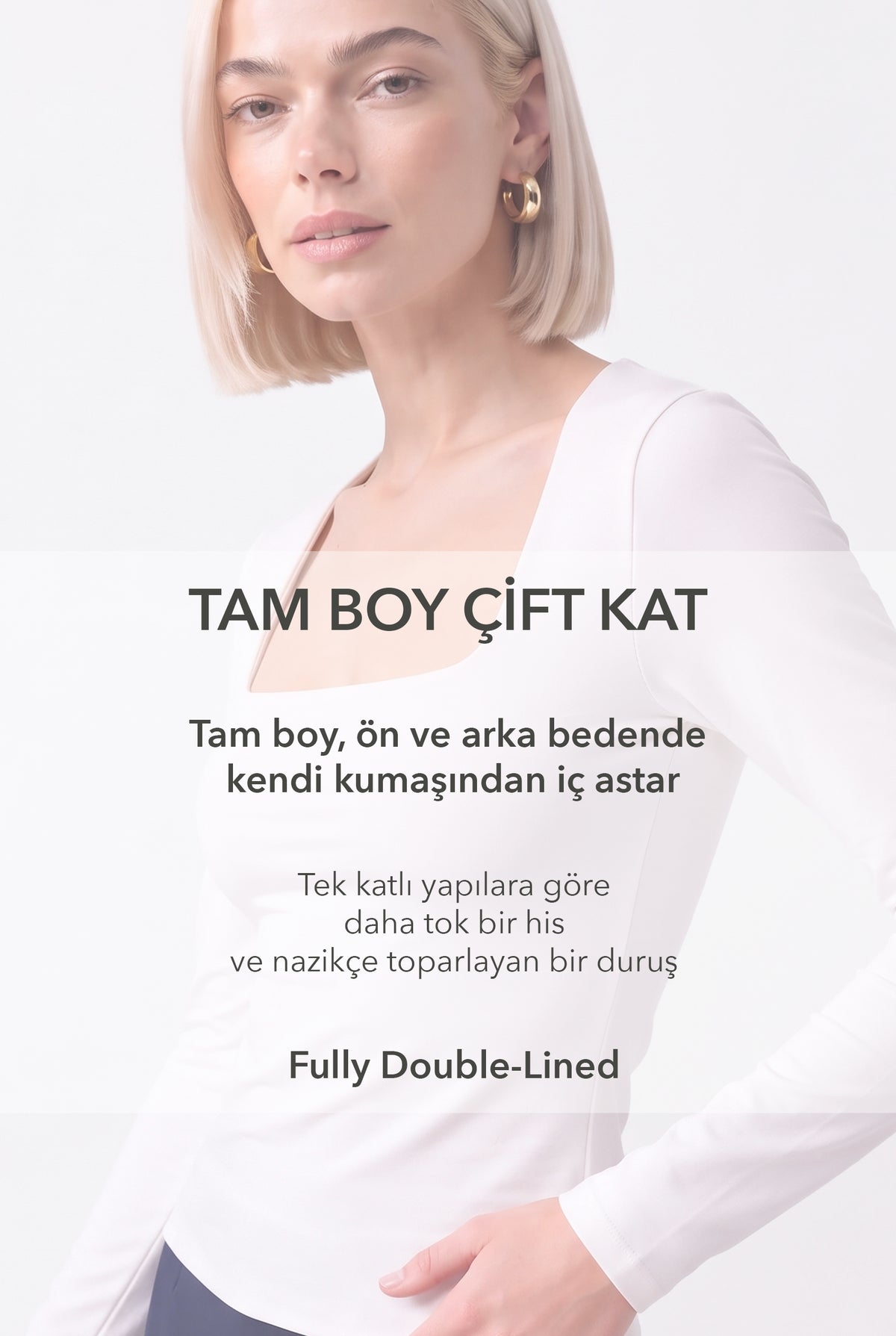 Kadın Kare Yaka Uzun Kollu Çift Kat Modal Pamuk Beyaz Bluz