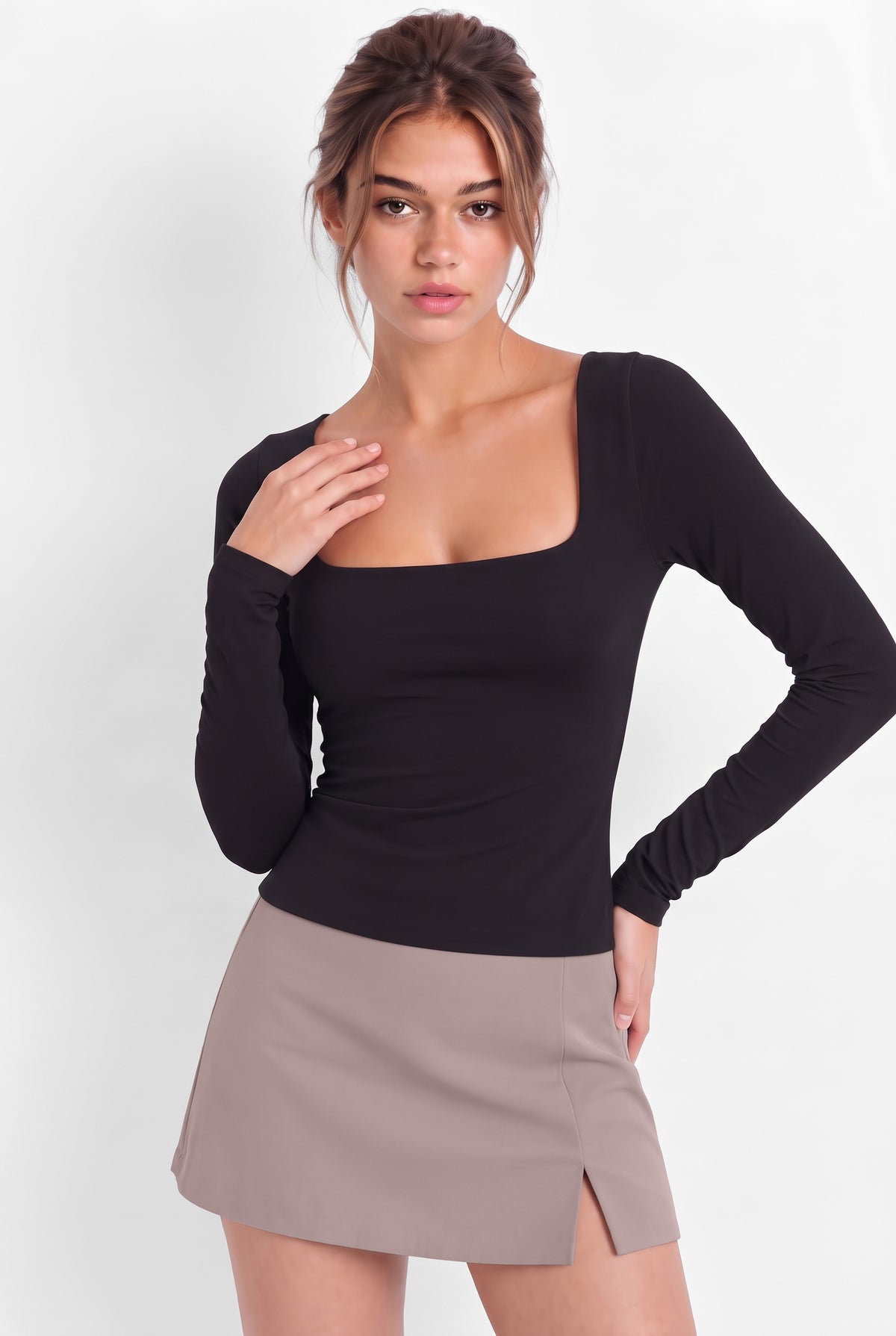 Kadın Siyah Kare Yaka Uzun Kollu Çift Kat Premium Soft Modal Pamuk Bluz