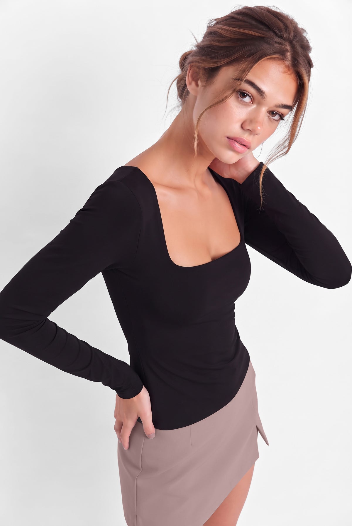 Kadın Siyah Kare Yaka Uzun Kollu Çift Kat Premium Soft Modal Pamuk Bluz