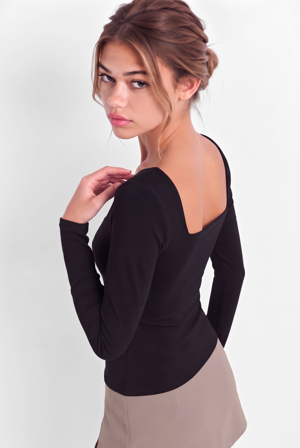Kadın Siyah Kare Yaka Uzun Kollu Çift Kat Premium Soft Modal Pamuk Bluz