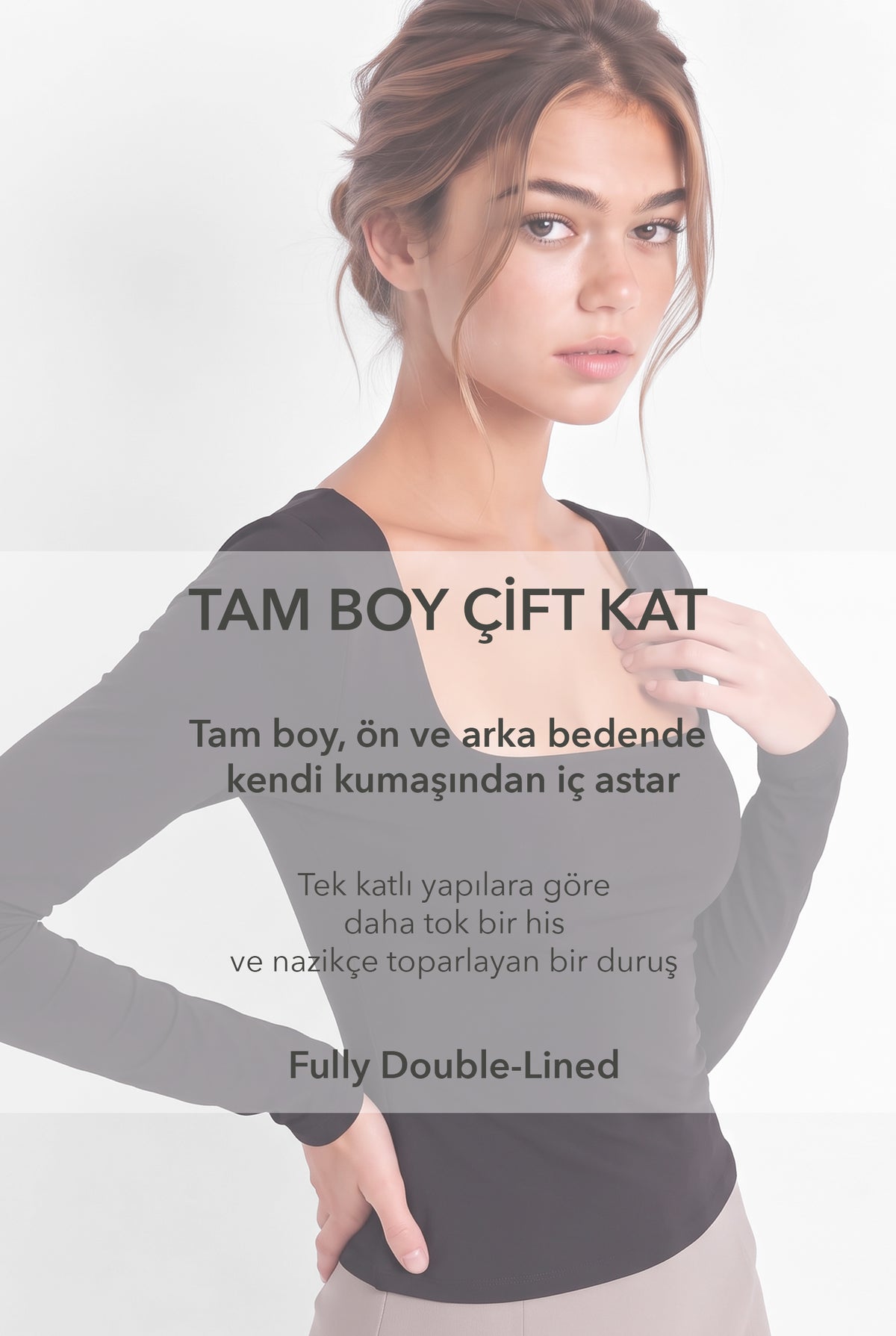 Kadın Siyah Kare Yaka Uzun Kollu Çift Kat Premium Soft Modal Pamuk Bluz