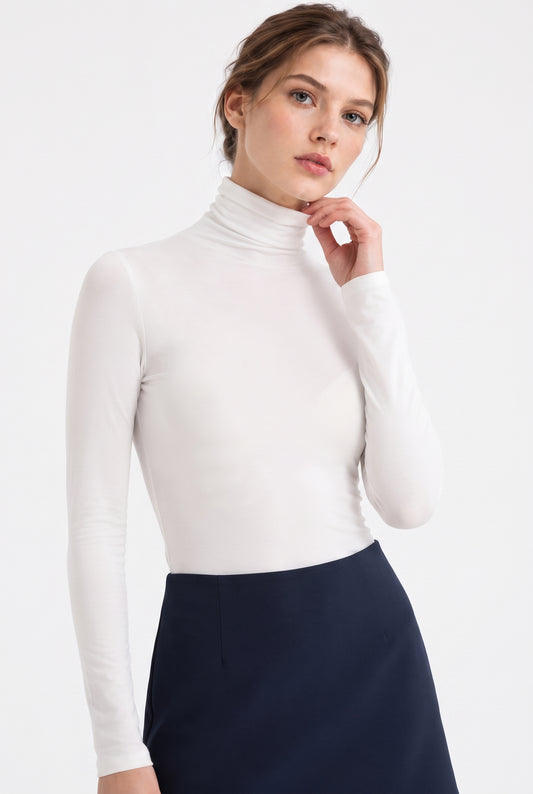 Kadın Beyaz Balıkçı Yaka Uzun Kollu Premium Soft Modal Pamuk Bluz