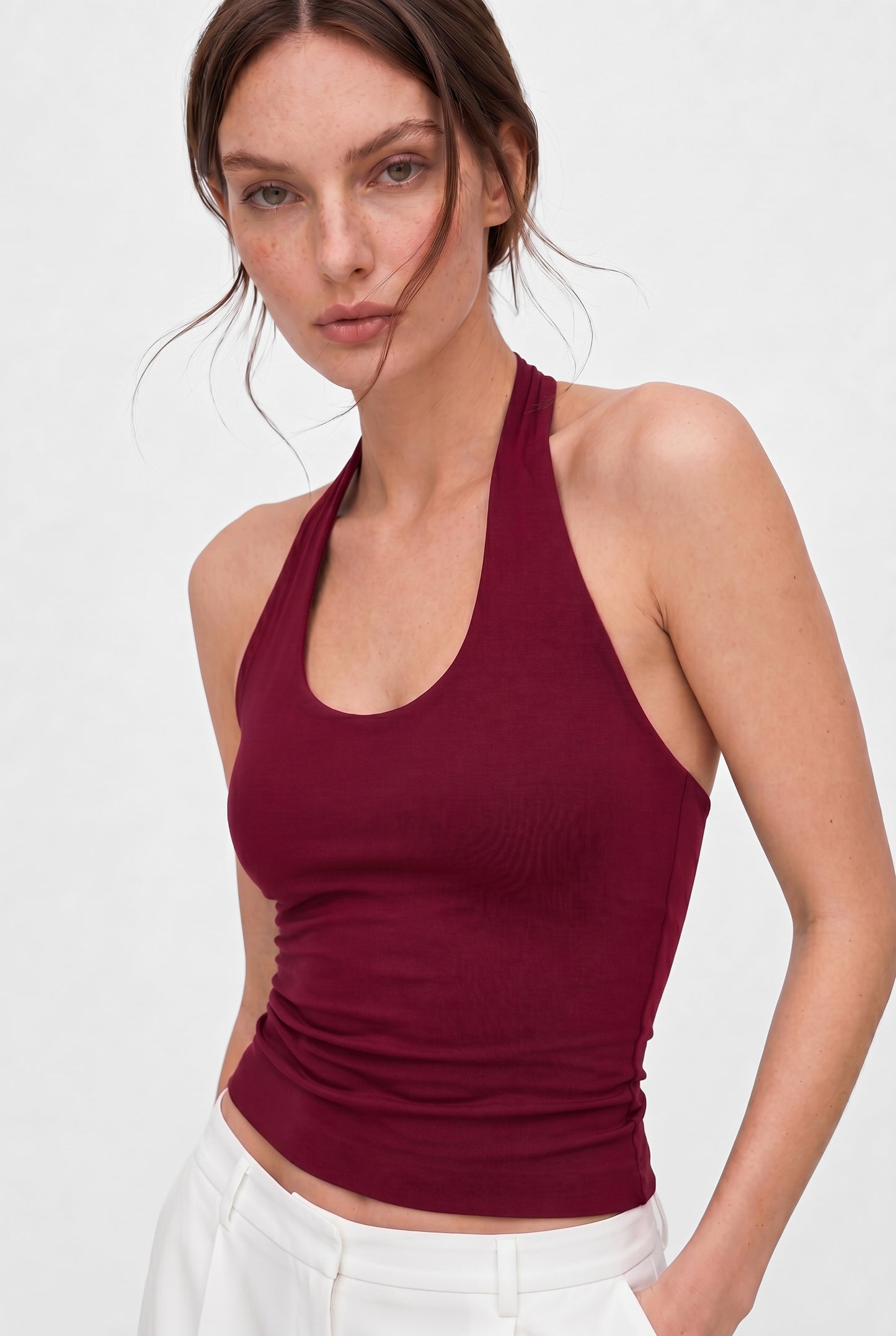 Bordo Ultra Premium Soft Halter Yaka Top Body