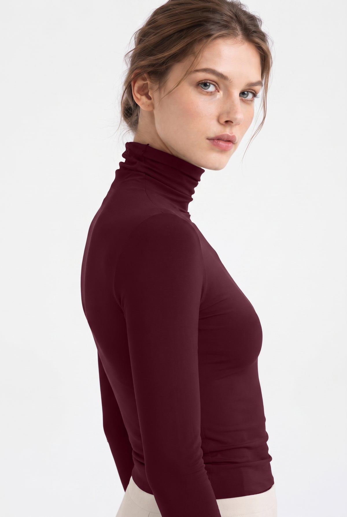 Kadın Bordo Balıkçı Yaka Uzun Kollu Premium Soft Modal Pamuk Bluz