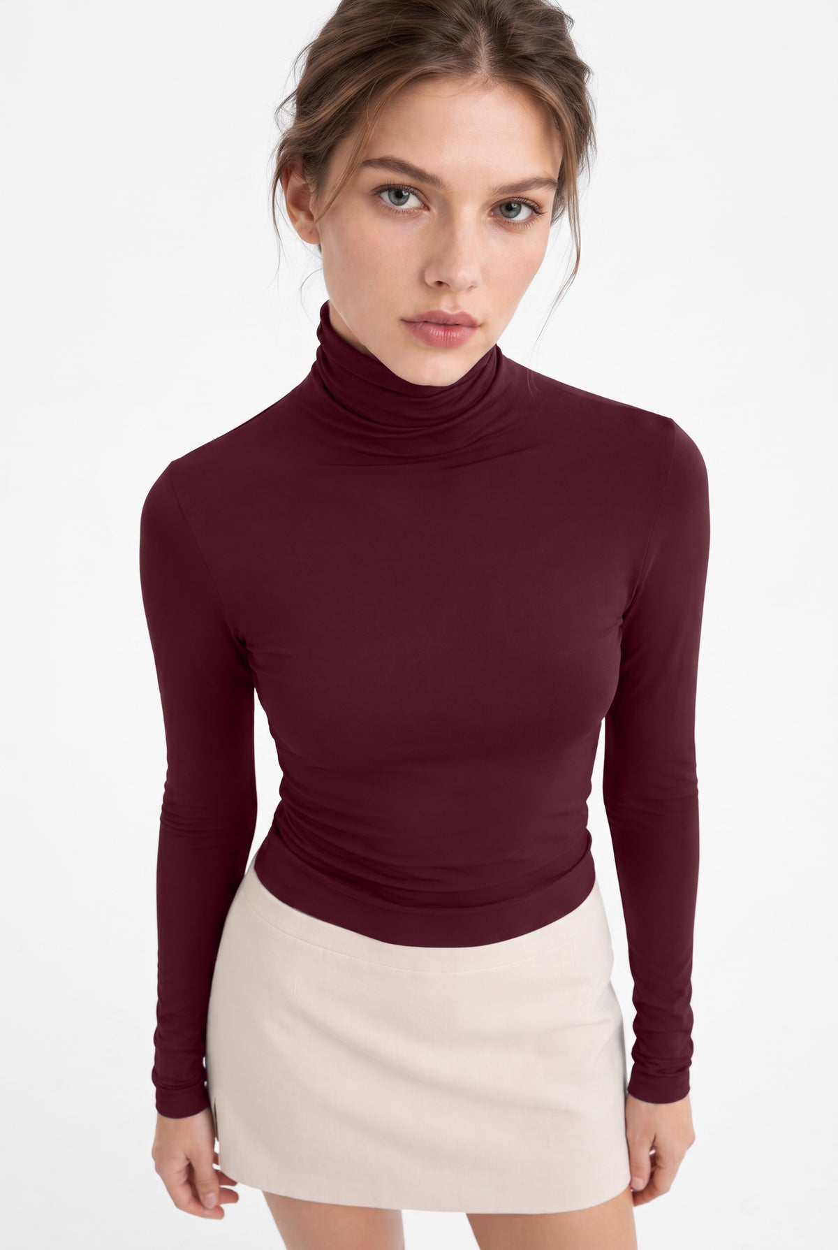 Kadın Bordo Balıkçı Yaka Uzun Kollu Premium Soft Modal Pamuk Bluz