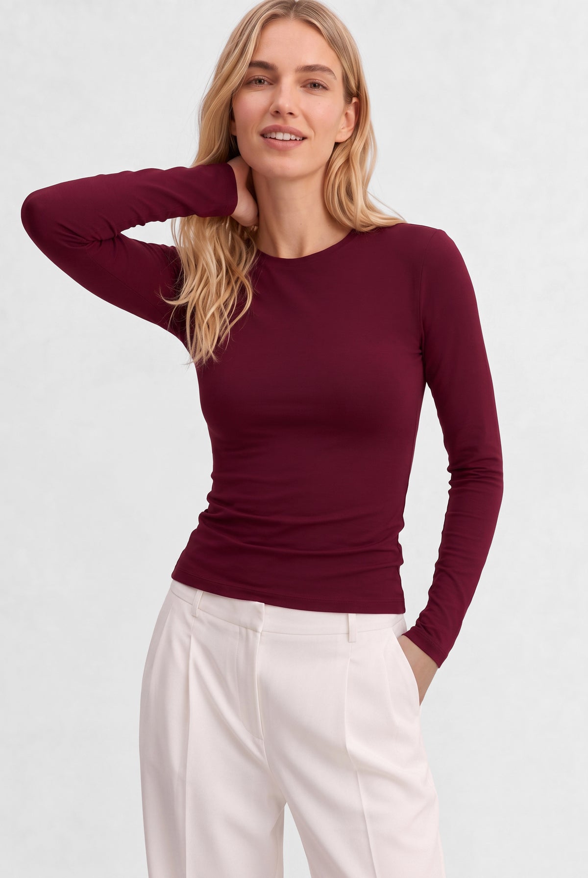 Bordo Bisiklet Yaka Uzun Kollu Modal Pamuk Basic Bluz
