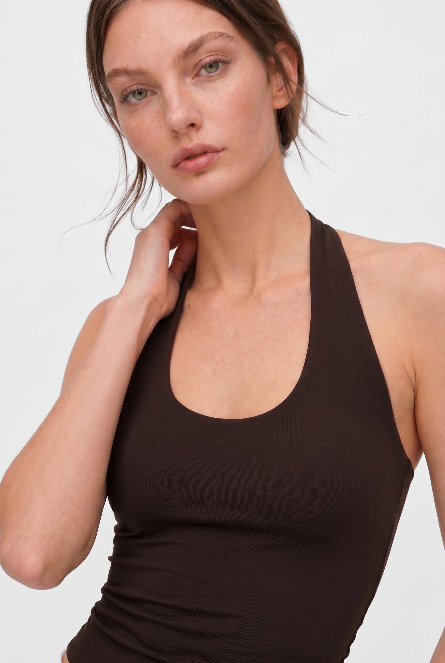 Kahverengi Ultra Premium Soft Halter Yaka Top Body