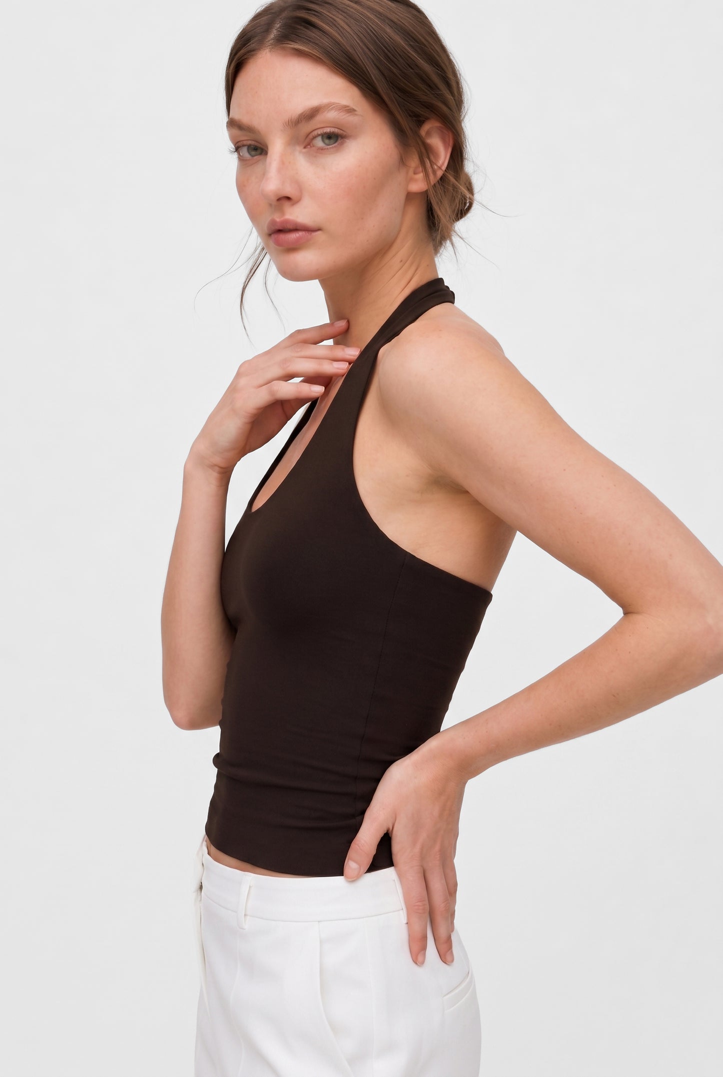 Kahverengi Ultra Premium Soft Halter Yaka Top Body