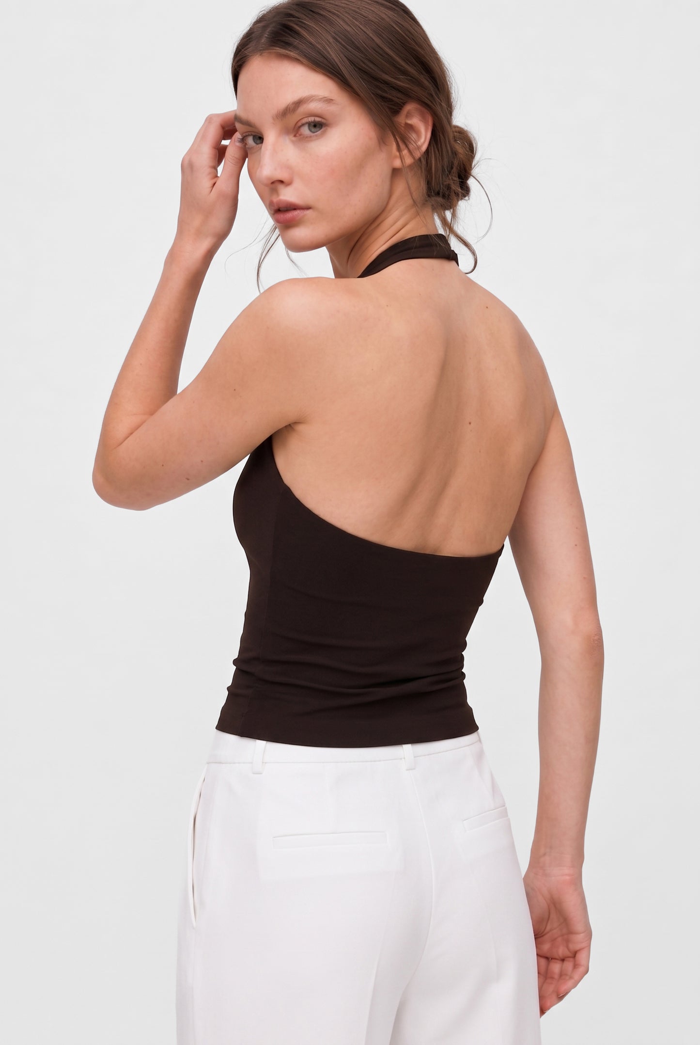 Kahverengi Ultra Premium Soft Halter Yaka Top Body
