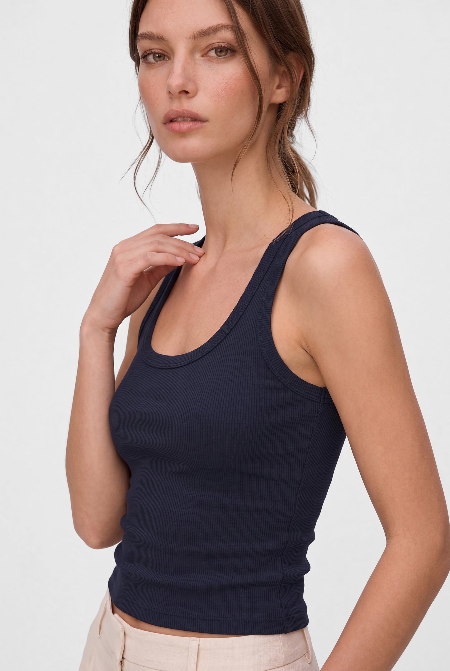 Kadın %95 Pamuklu Fitilli Kalın Askılı Basic Lacivert Bluz Atlet
