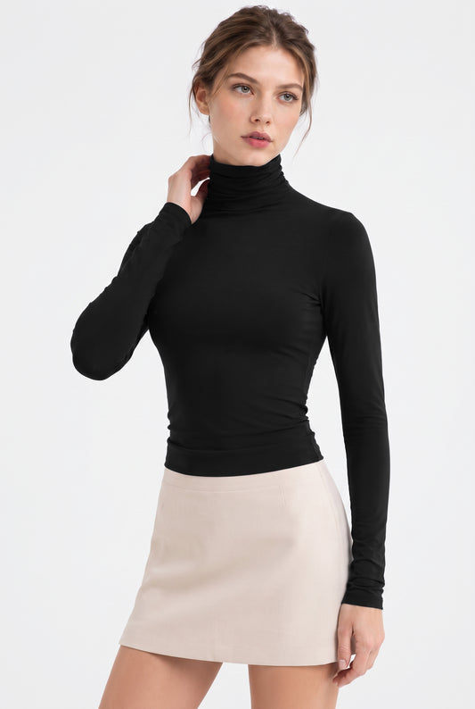 Kadın Siyah Balıkçı Yaka Uzun Kollu Premium Soft Modal Pamuk Bluz